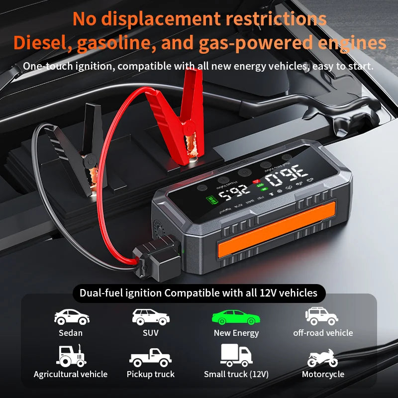 10000a Amp Dual 25mm Cylinder 200psi Smart Car 12v Battery Booster Auto Tire Super Compressor Air Pump Power Bank Jump Starter