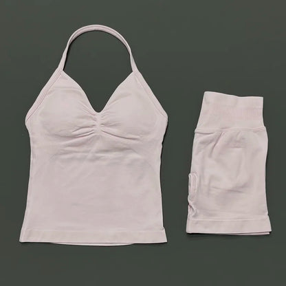 HISTELLO 2 Pieces Sports Set Women Yoga Longline Strap Top Scrunch Seamless Shorts Sport Gym Set Sportswear Workout Fitness Set