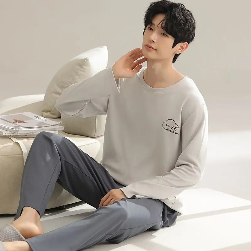 2024 Autumn Long Sleeve 100% Cotton Pajamas Sets for Men Korean Loose High Quality Sleepwear Pyjamas Male Homewear Home Clothes