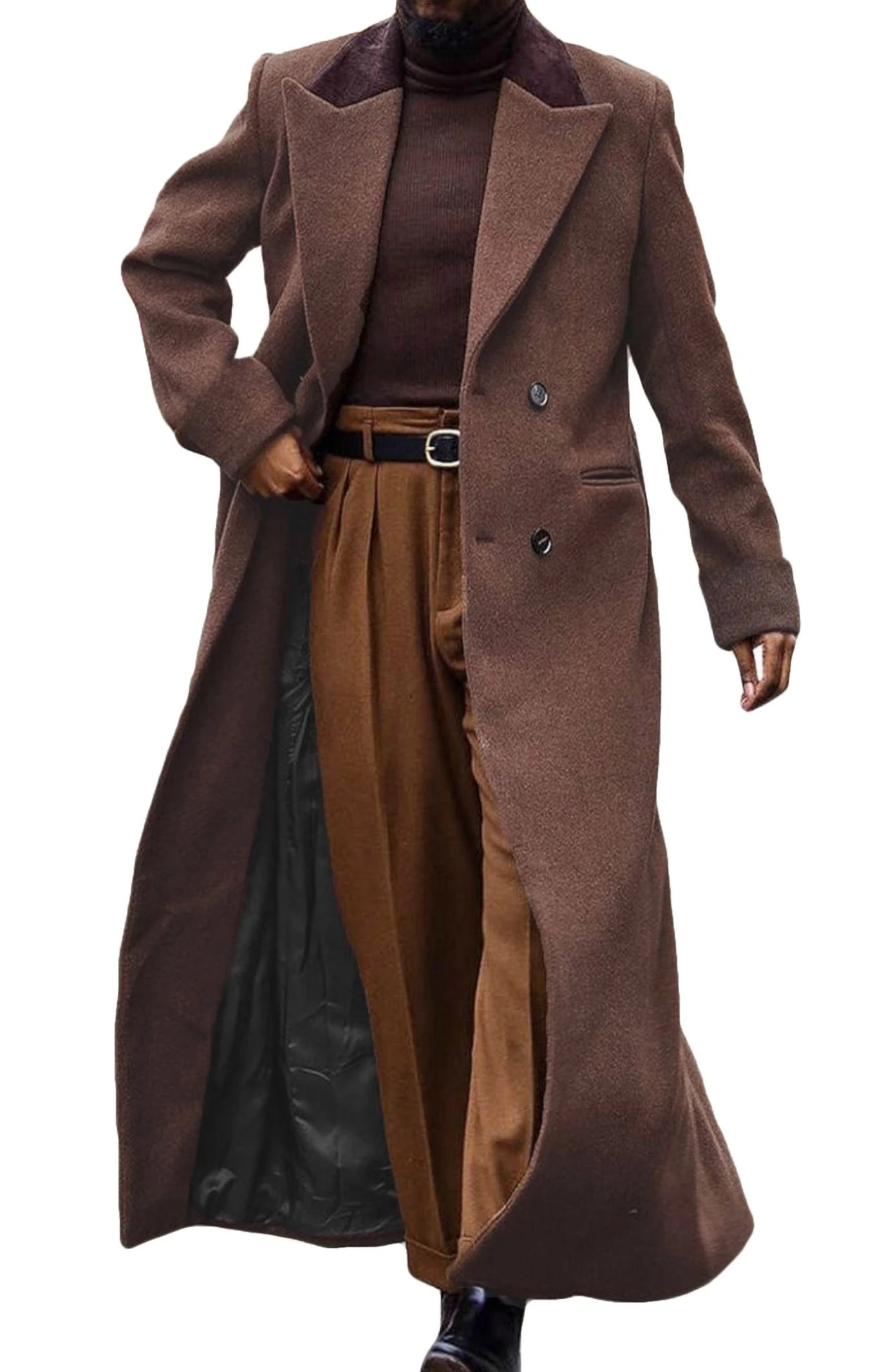 Mens Full Length Trench Coat Notched Lapel Long Jacket Double Breasted Classic Winter Overcoat