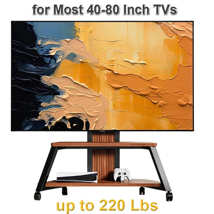 Heavy Duty Mobile TV Stand TV Cart 40-80 Inch, Portable TV Floor Stand with Wooden Shelves, Height Adjustable Holds up to 220lbs