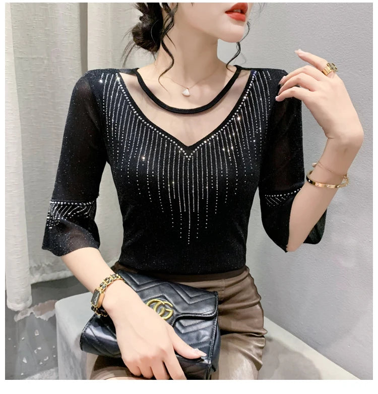 2026 Spring Summer Mesh Tops Korean Fashion Diamond T Shirt Slim 3/4 Sleeve Hollow Out Casual Women Shirt