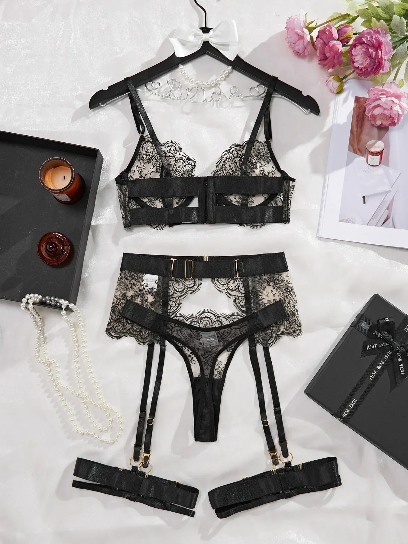 Lace Bra Brief Garter Set Women Sexy Lingerie Suspender Underwear See Through Outfits Luxury Sleepwear Hot Bilizna Nightwear