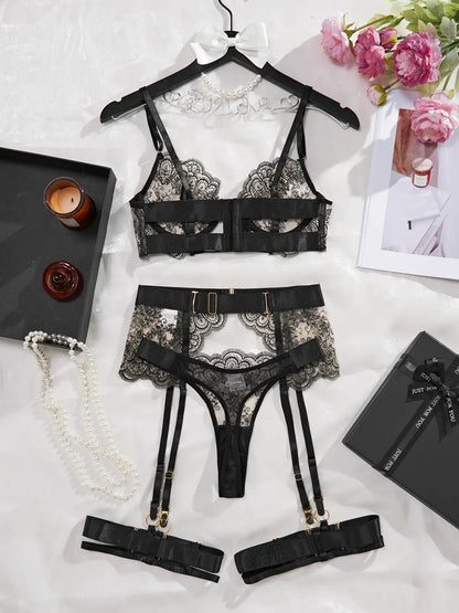 Lace Bra Brief Garter Set Women Sexy Lingerie Suspender Underwear See Through Outfits Luxury Sleepwear Hot Bilizna Nightwear