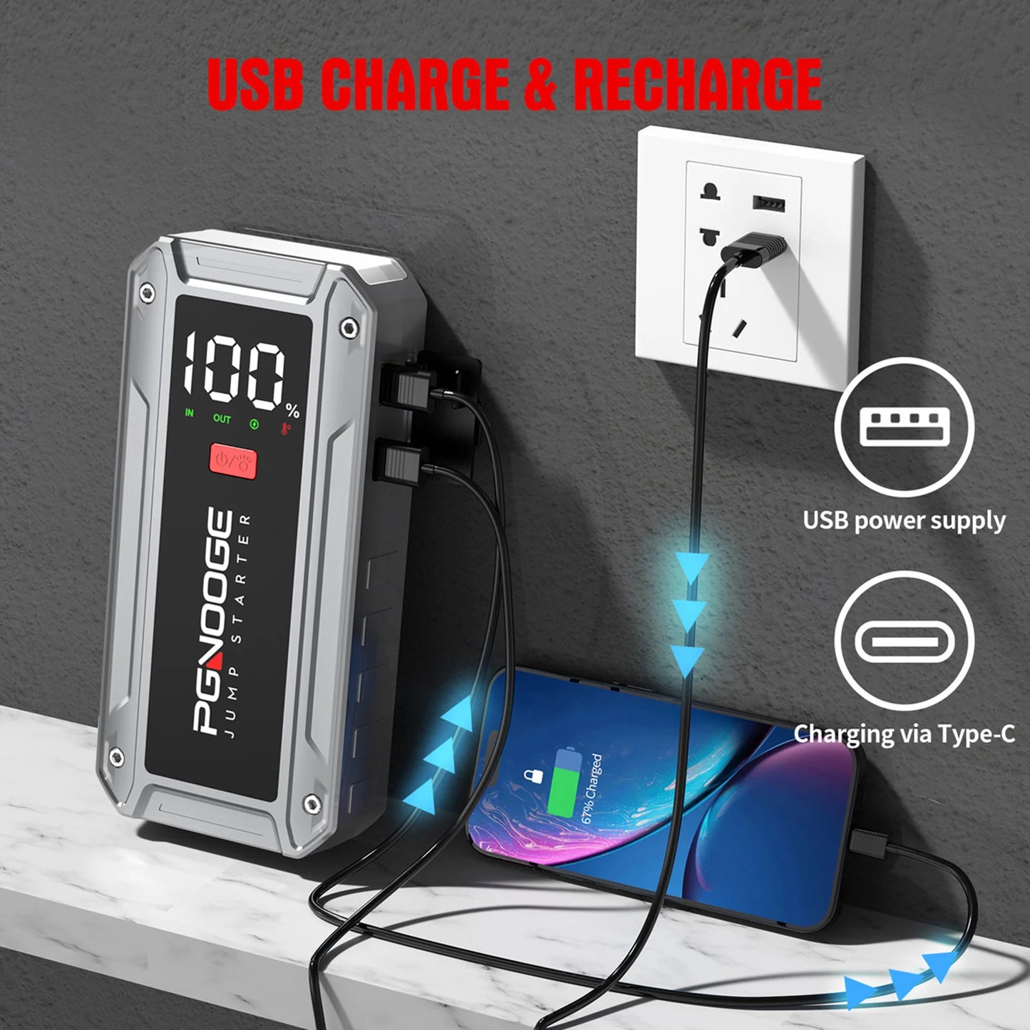 PGNOOGE 6000A 26800mAh Car Jump Starter, Car Battery Jump Starter, 12V Battery Booster Jump Starter, Portable Battery For Cars