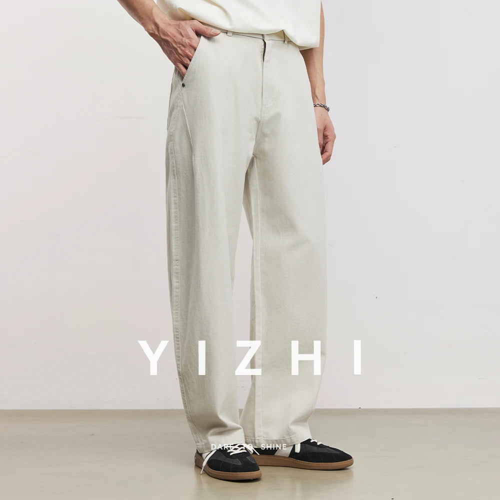 Men's Heavyweight 290g Minimalist Draping Wide Leg Pants Summer 100% Cotton Loose Commute Straight Casual Denim Long Pants