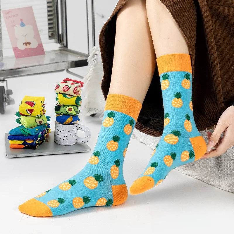 5 Pairs Fruit Print Socks Mid-Calf Funny Food Design Pineapple Watermelon Cotton Socks for Men Women Couple EU 37-45 US 6-12