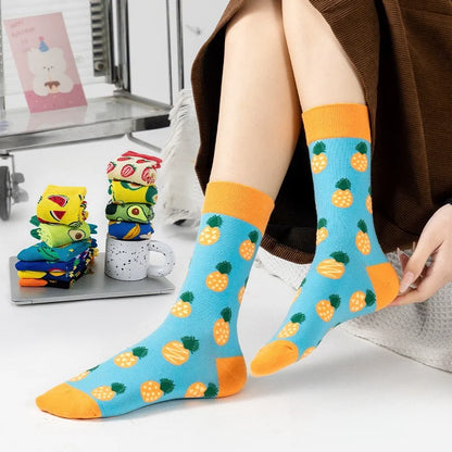 5 Pairs Fruit Print Socks Mid-Calf Funny Food Design Pineapple Watermelon Cotton Socks for Men Women Couple EU 37-45 US 6-12