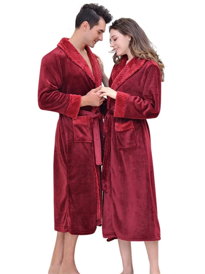 Thickened Fleece Pajamas Sleepwear Hotel Robe Waist-Cinching Long Length Velvet for Couples Autumn Winter Pure Color Home Clo...