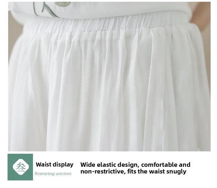 New National Style Heavy Embroidery  Set Women Summer Loose plus Size Fringed Wide Leg Pants Skirt Slimming Two Piece Set