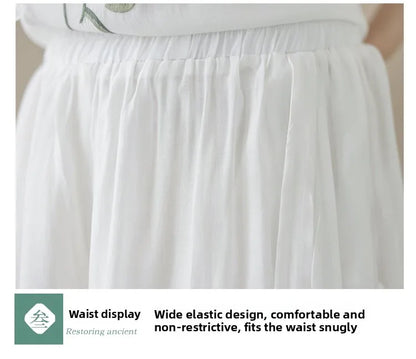 New National Style Heavy Embroidery  Set Women Summer Loose plus Size Fringed Wide Leg Pants Skirt Slimming Two Piece Set