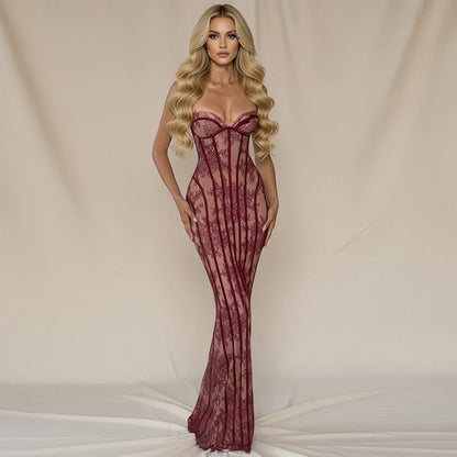 Typhaland Sexy Lace Strapless Maxi Dress Women's Sleeveless Slim Corset Evening Party Dress See Through Fashion Lady Long Dress