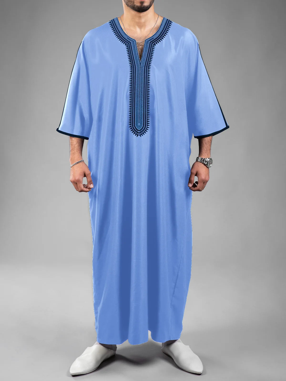 2026 New Model Men's Clothing With Embroidered Mid-sleeves And Side Pockets Robe Abaya Ramadan Dubai Luxury Islam Elegant