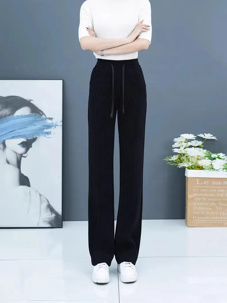 Thickened Fleece Wide Leg Pants Women's Casual Straight Cut Trousers Autumn Winter New Style High Waist Cotton Elastic Waist