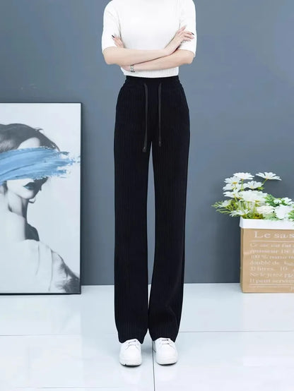 Thickened Fleece Wide Leg Pants Women's Casual Straight Cut Trousers Autumn Winter New Style High Waist Cotton Elastic Waist