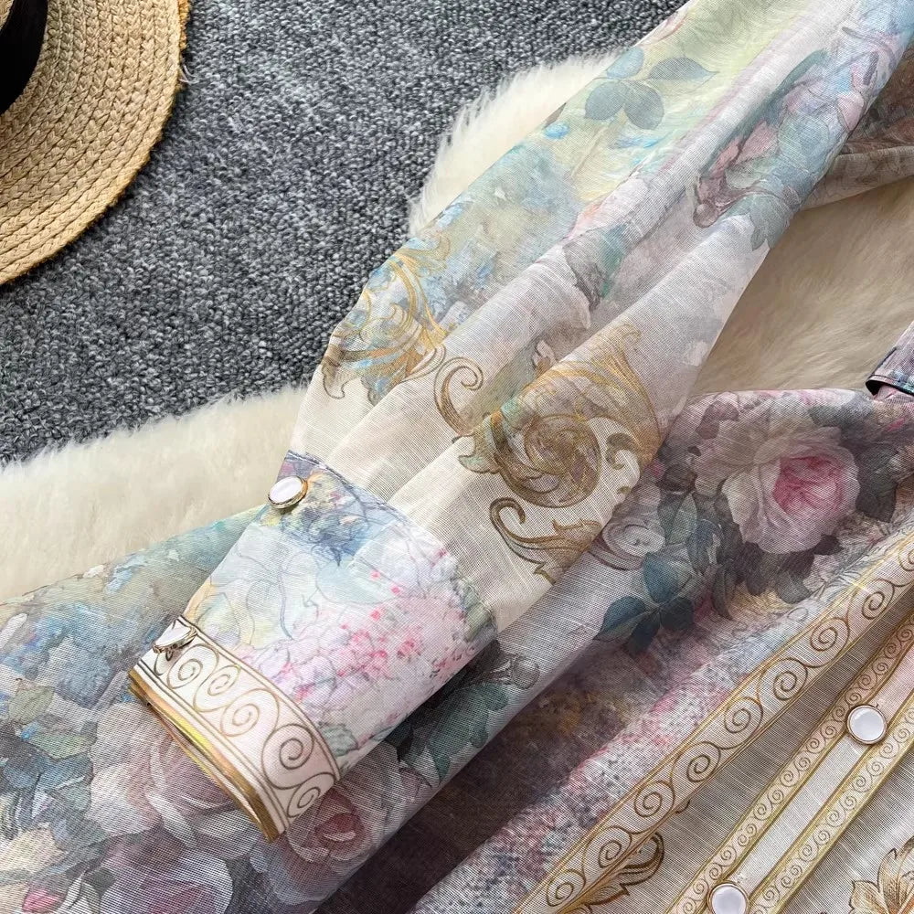 Elegant Flower Printed Linen Mini Dress with Long Lantern Sleeves Women's Lapel Single-Breasted for Birthday Party Club Wear