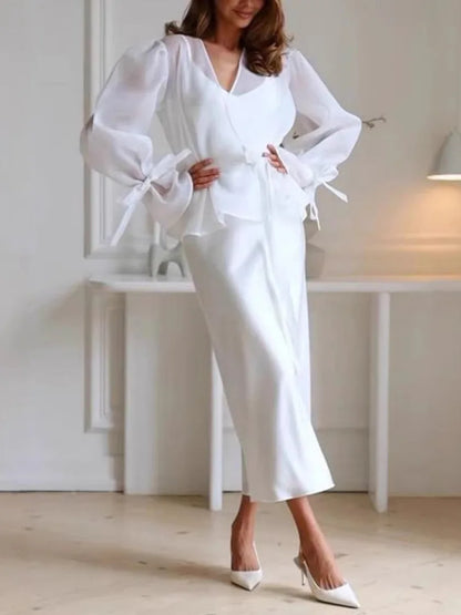 Elegant Shirt Style Satin Dress Women's High Waist Belted Long Sleeve Fashion Set High Quality Chinese Brand Summer Outfit