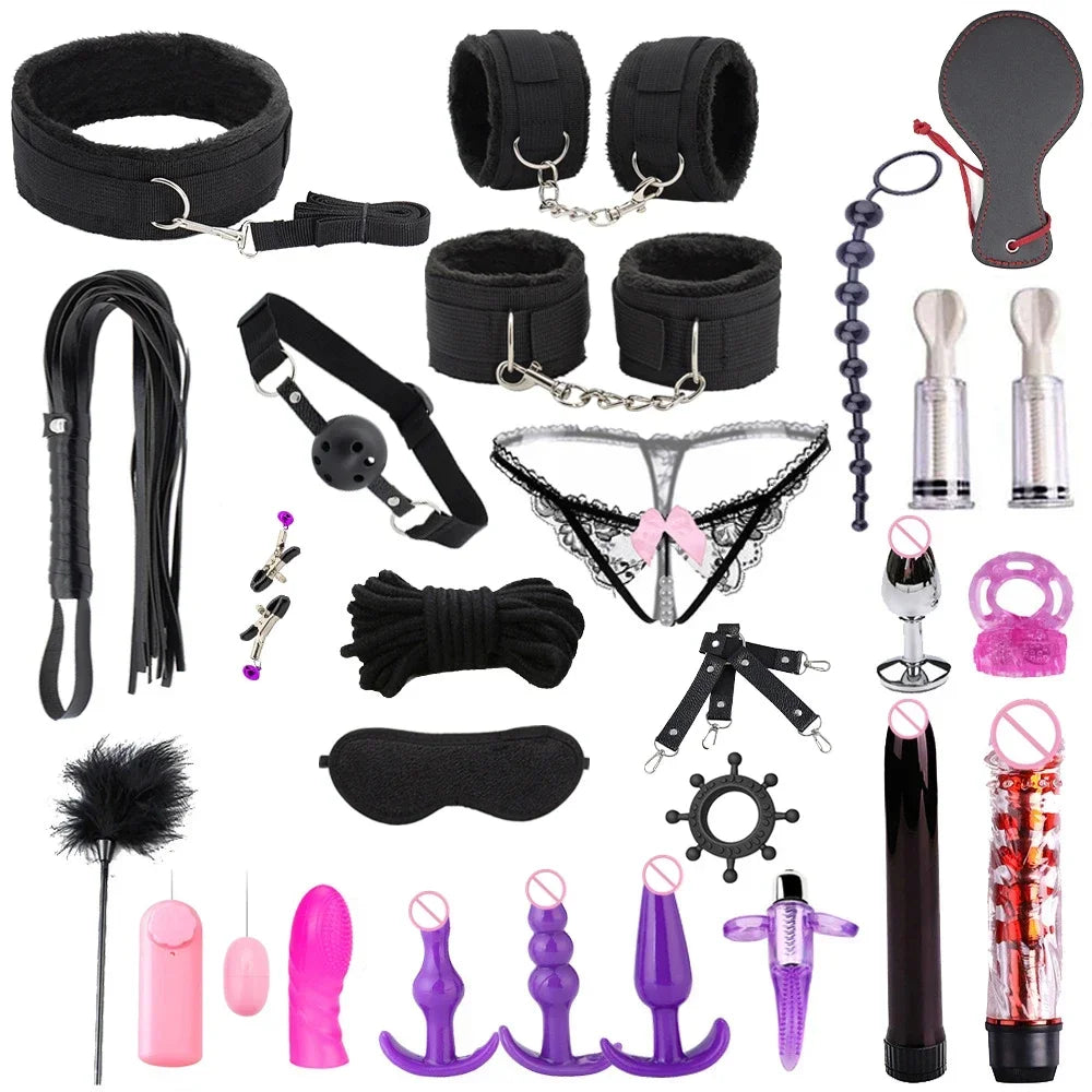 Hot Exotic Bed Bondage Set BDSM Kits Exotic Sex Toys For Women Adults Games Leather Handcuffs Whip Gag Nipple Clamps Sex Shop