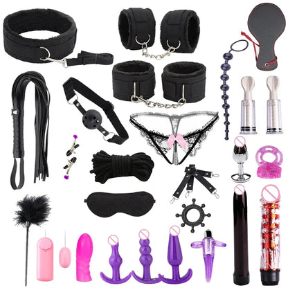 Hot Exotic Bed Bondage Set BDSM Kits Exotic Sex Toys For Women Adults Games Leather Handcuffs Whip Gag Nipple Clamps Sex Shop
