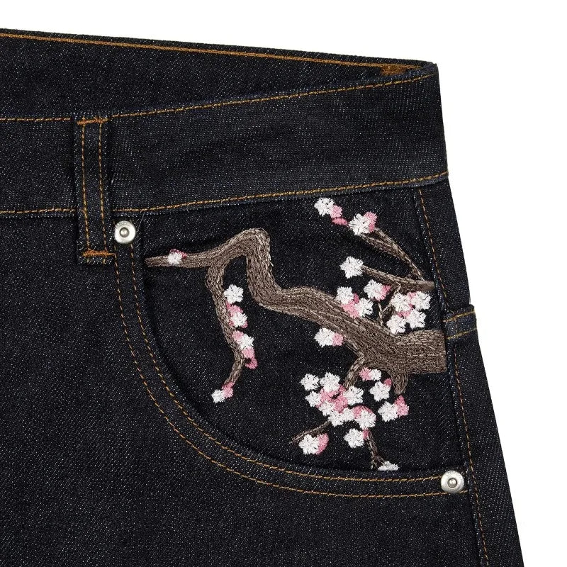 Y2K Baggy Jeans Cherry Blossom Embroidery Denim Pants Men Women American Hiphop Streetwear Wide Leg Denim Trousers