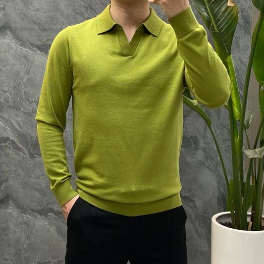 Men's Autumn & Winter Blouse Collar Knitted Pullover, Business Casual Slim-Fitting Wool Textile Sweater, Gentleman Polo Shirt