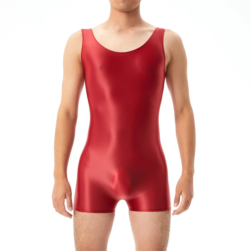 Oil Shiny Glossy Bodysuits Seamless Front Pouch Tights Body Man Sexy Transparent Waist Shapers Men Playsuit Sleeveless Bodysuit