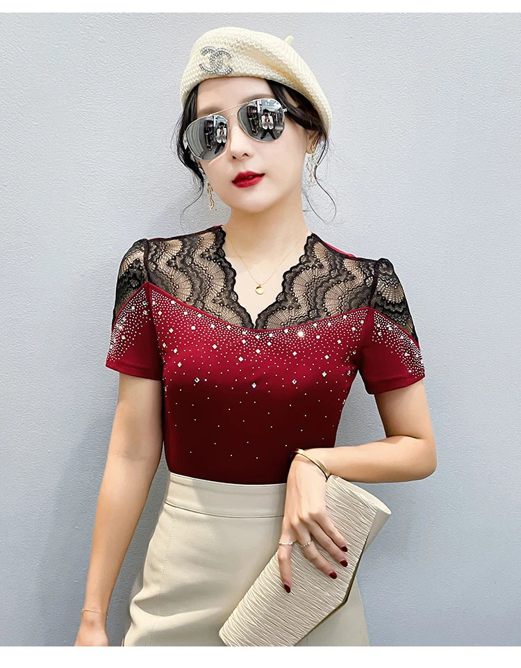 2026 Summer Women Tops New Korean Fashion Diamond Mesh T Shirt V-neck Short Sleeved Patchwork Lace Shirt