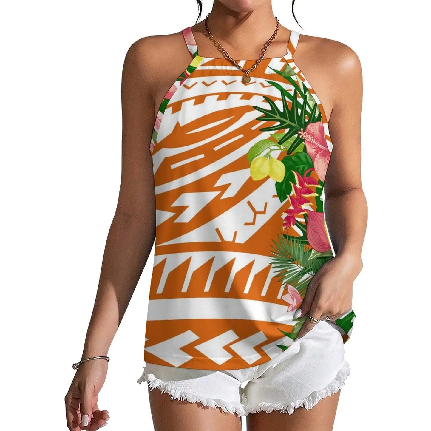 Custom Wholesale Women Summer Halter Everyday Casual Wear Polynesian Style Fiji Island Print Custom Design Strapper Vest