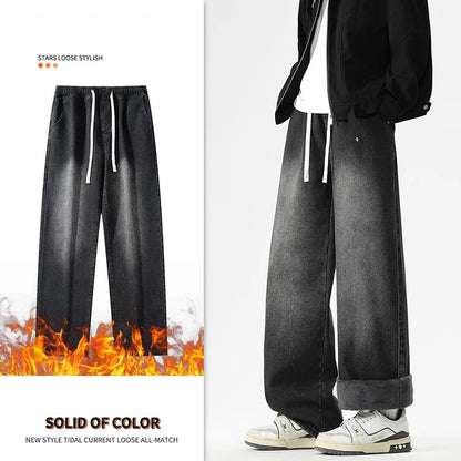 Winter New Men High Quality Thickened Warm Jeans Male Classic Loose Straight Leg Trousers Daily Windproof Denim Pants