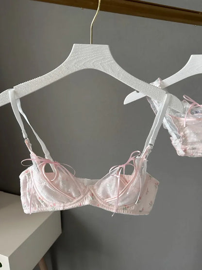 YUQI Kawaii Lace Bralette Set Japanese Floral Mesh Underwear Summer Ultra-Thin Lace-Up Cutout Romantic Bra 2024 New Kawaii set