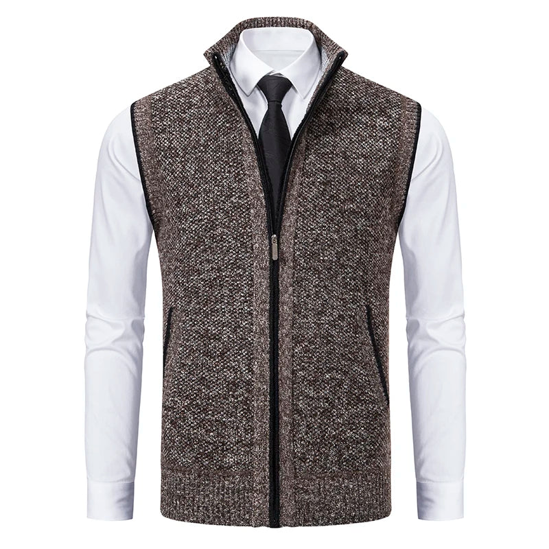 Men's Sleeveless Knit Cardigan, Stand Collar Lightweight Warm Fleece Thick Jacket Vest, Casual Business Outdoor Sports, Fall Win