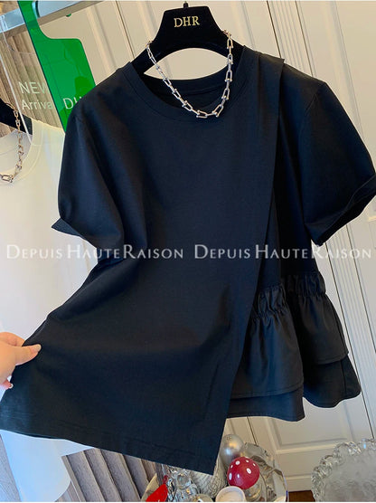 Loose Fit Pure Cotton Short Sleeve T-Shirt Women Summer Fashionable Casual Top Large Size 200 Pounds Asymmetrical Layering