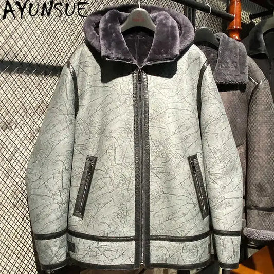 AYUNSUE Mens Fur Jackets Coats Genuine Leather Jacket Real Sheepskin Jackets for Men Winter Clothes Natural Fur Coat Slim Fit