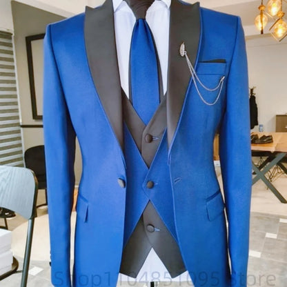 Men's Solid Slim Fit 3-Piece Business Suit Set with Blazer Vest And Pants for Wedding Party Luxury Fashion Tuxedo