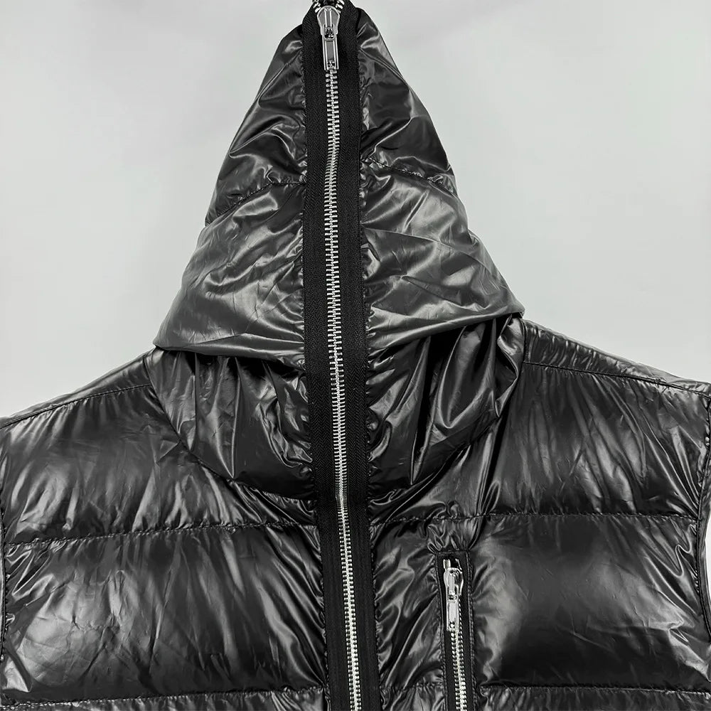 High Street Duck Down Vests Men's Dark Style Winter New Hooded Vest with Long Zipper Pocket Warm Vest Jacket Loose Down Vest