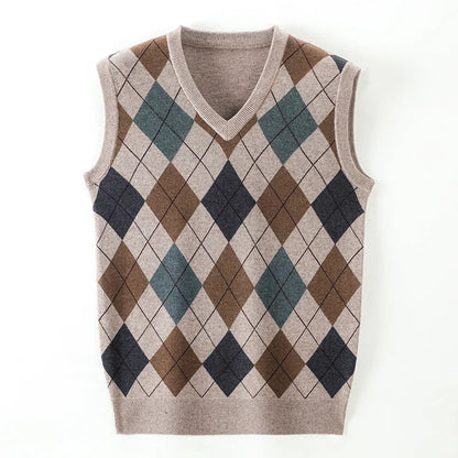 New Fashion Designer Brand Argyle Pullover Diamond Sweater V Neck Knit Vest Men 6% Wool Sleeveless Autum Casual Men Clothing