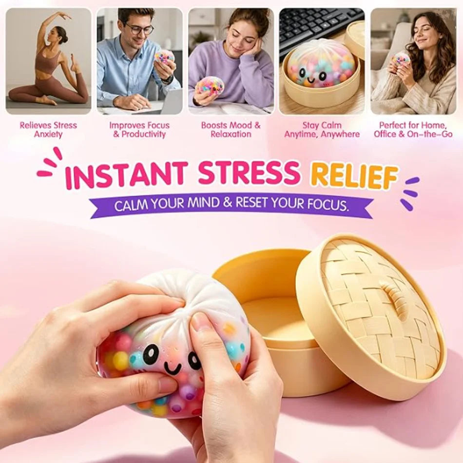 Rainbow Dumpling Squishy with Bead Sensory Squeeze Toy for Stress Relief with Bamboo Steamer Funny Gift