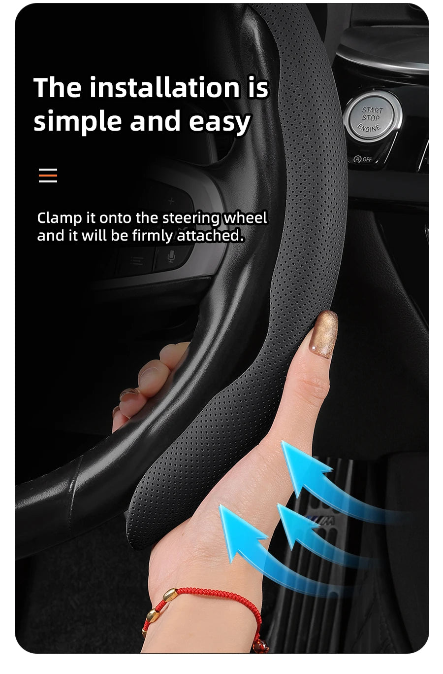 Suitable for Leapmotor Breathable Leather Steering Wheel Cover with Segmented Quick-Release Design, Non-Slip and Durable, for Models T03 C10 B10 B05 B03X C16 C11 C01, Etc., in Black, Bright Red, and Green