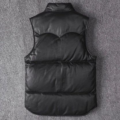 Men's Slim Fit Leather Jacket Sheepskin down Vest Thick Warm Short Flight Suit for Autumn And Winter