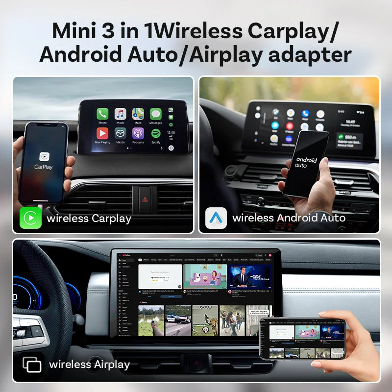 Ottocast Mini Air Wireless CarPlay Android Auto AirPlay Adapter 3 in 1 Plug and Play Wireless Mirroring For Youtube Tiktok IPTV