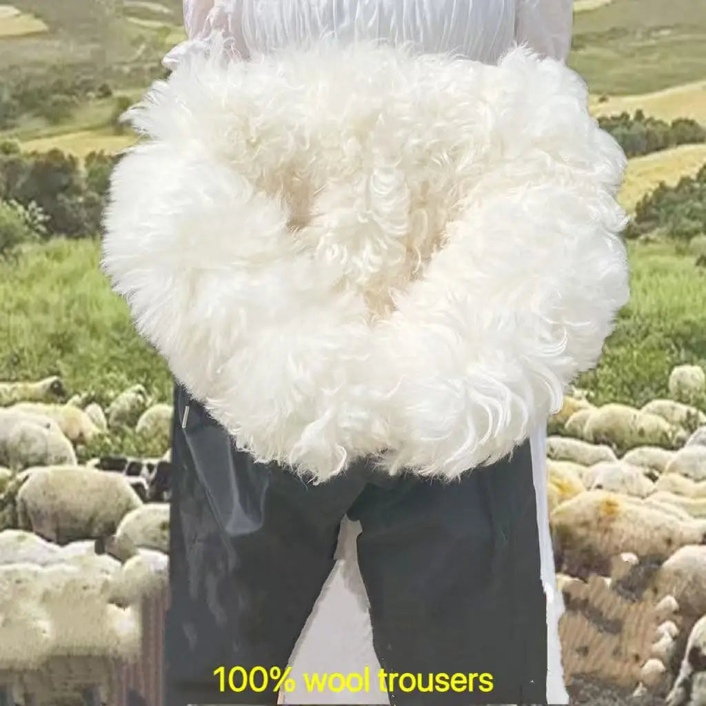 Winter Thicken Pure Wool Trousers Men High Waist Casual Thermal Long Pants Middle-aged Elderly Dad Sheepskin Plush Trouser Male