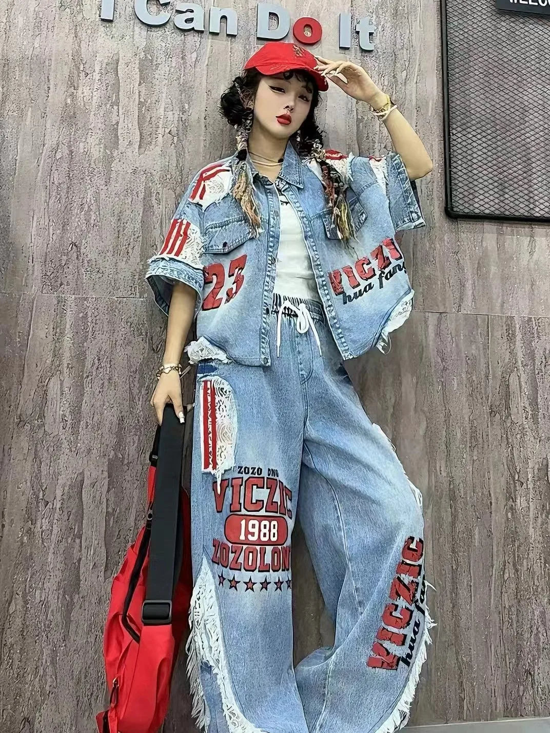 Casual Lace Hollow out Patchwork Summer New Women's Outfit Loose Top with Digital Letter Print Matching Long Pants