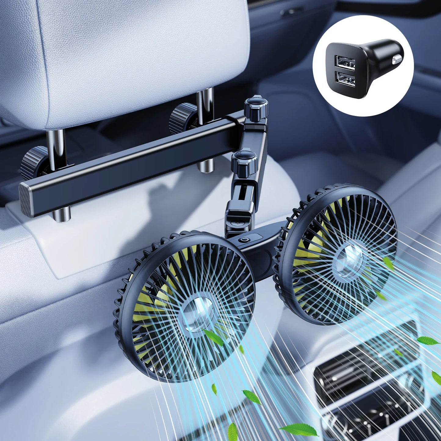 Hipacool 2024 Upgrade Car Fan Plug-in Or Battery Dual-Head Fan Strong Wind Quiet Sound Car Storgae Hook Flexible Car Cooling Fan