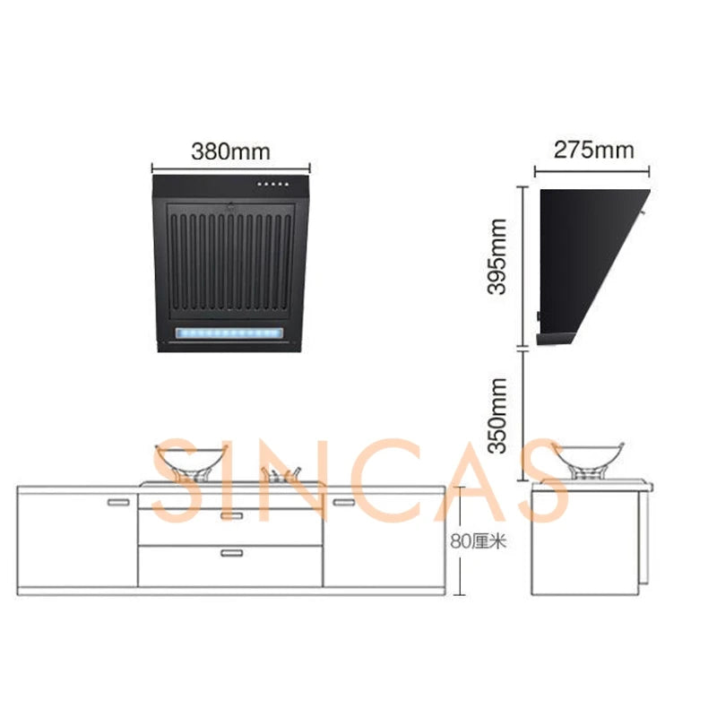 380mm Mini Single-Motor Kitchen Hood Household Rental Room Side Suction Kitchen Ventilator Exhaust Hood Energy Conservation