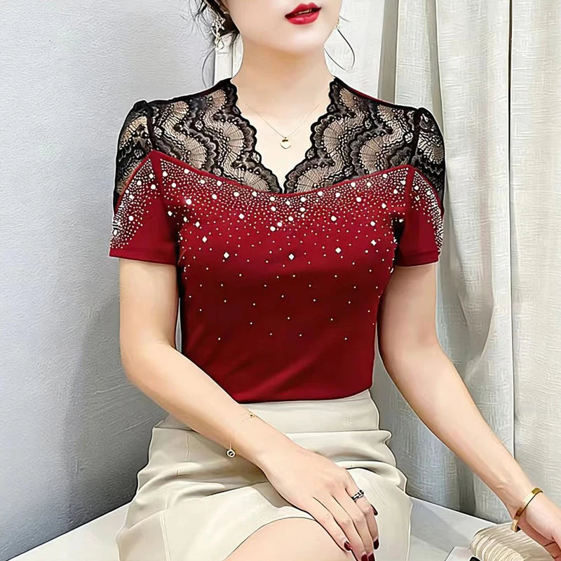 2026 Summer Women Tops New Korean Fashion Diamond Mesh T Shirt V-neck Short Sleeved Patchwork Lace Shirt