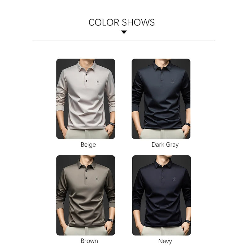 BROWON Polo Shirt for Man 2026 Spring Autumn Men Long Sleeve Polo Shirts Casual Loose Turndown Collar Wool Tops for Man Clothing