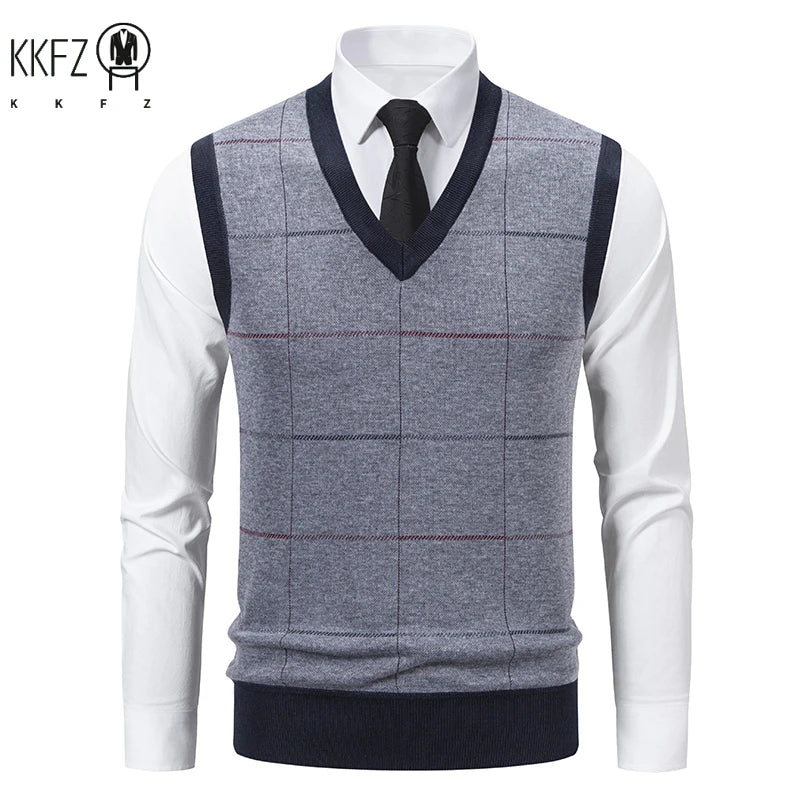 Men's V-Neck Knitted Sweater Diamond Grid Twisted Flower Casual Fashion Versatile Knit Top Autumn Winter