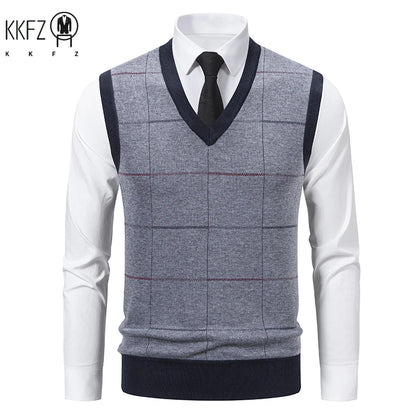Men's V-Neck Knitted Sweater Diamond Grid Twisted Flower Casual Fashion Versatile Knit Top Autumn Winter