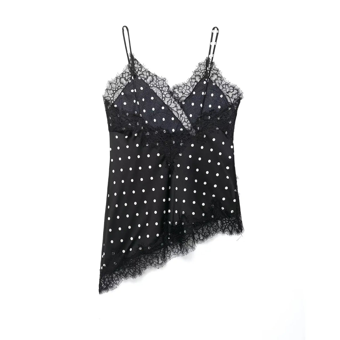 HH Women Elegant Polka Dot Lace Slip Tops Asymmetrical Hem Tanks Camis Summer Lady Sexy Lace Splicing Club Party Tops Camisole