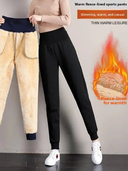 plus Size Fleece Lined Thickened Lamb Velvet Casual Slim Fit Pants Winter New Loose Warm Slimming Straight Leg Sweatpants